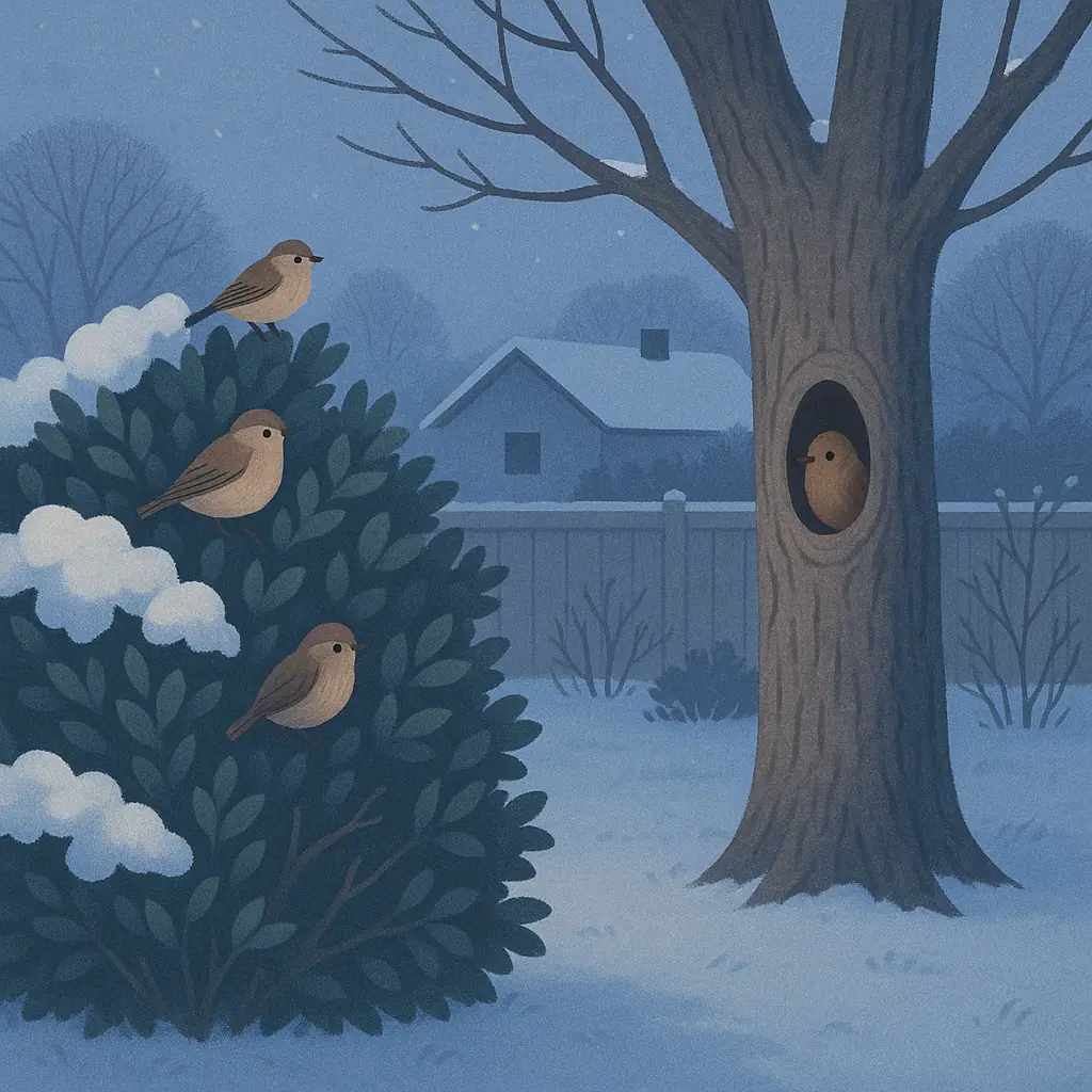 Small backyard birds settling into sheltered winter roosting spots at dusk